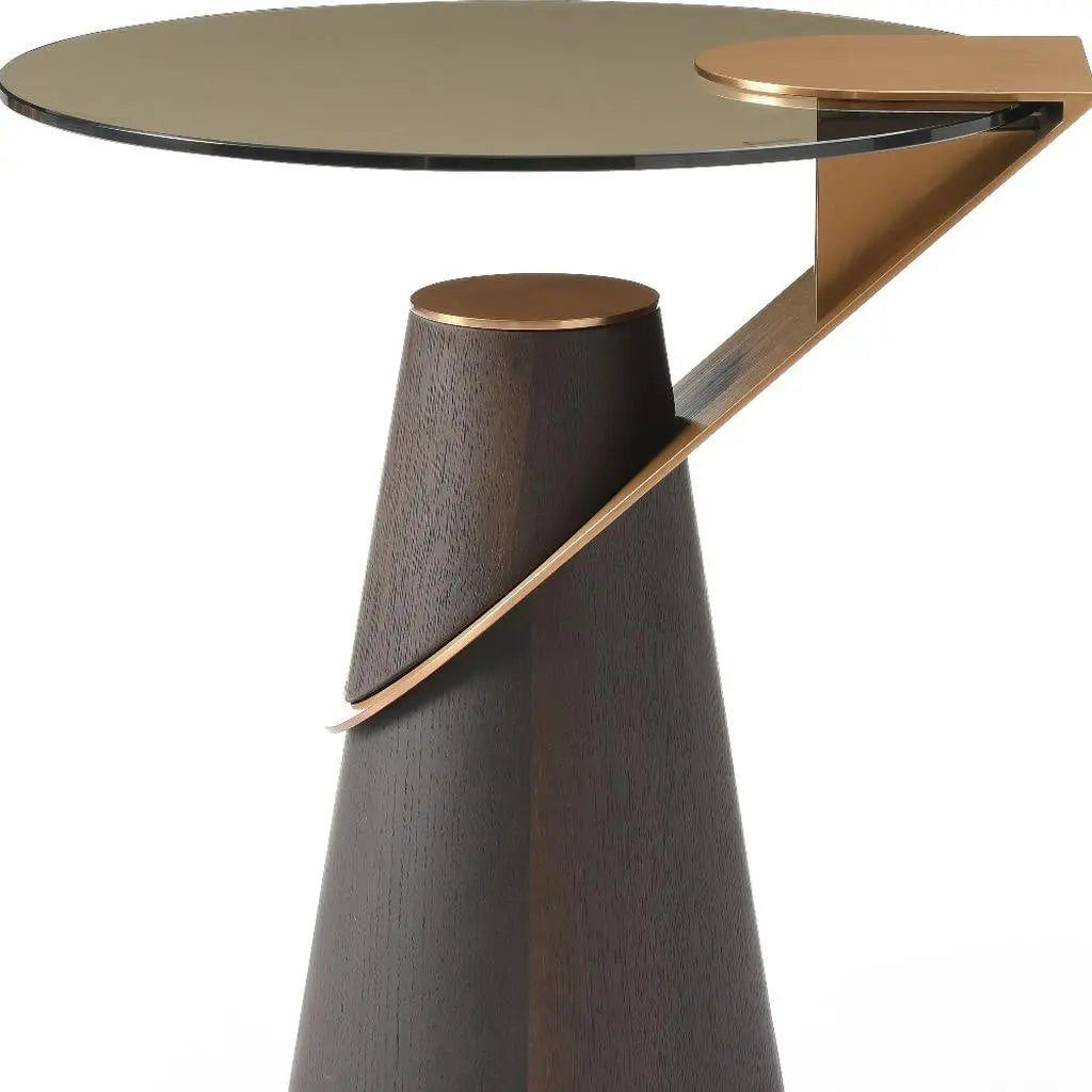 22" Clear Rose Gold and Dark Brown Glass Stainless Steel and Solid Wood Round Pedestal End Table Homeroots Living Room
