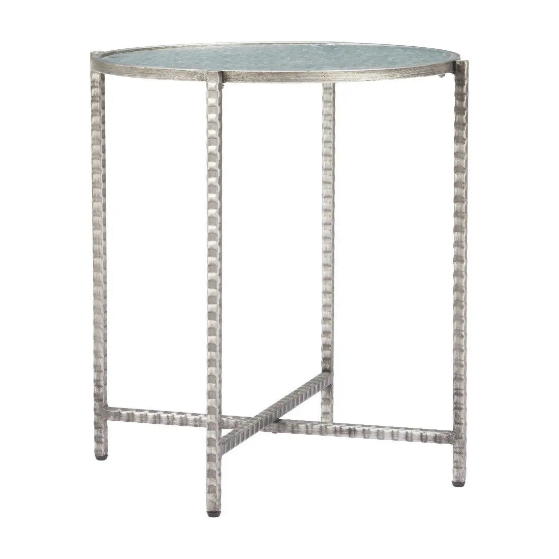 22" Clear and Silver Glass and Distressed Steel Round End Table Homeroots Living Room