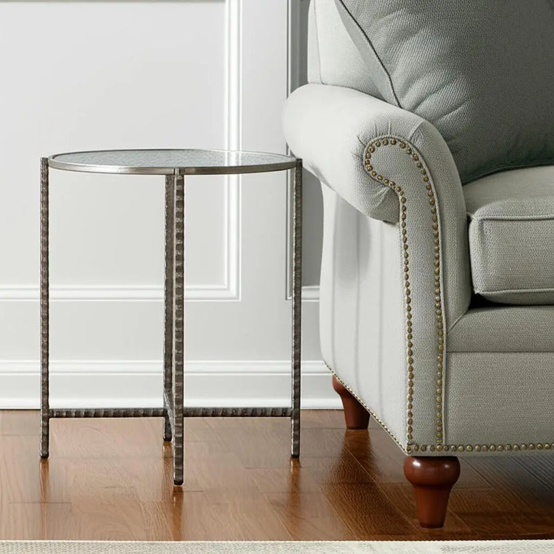 22" Clear and Silver Glass and Distressed Steel Round End Table Homeroots Living Room