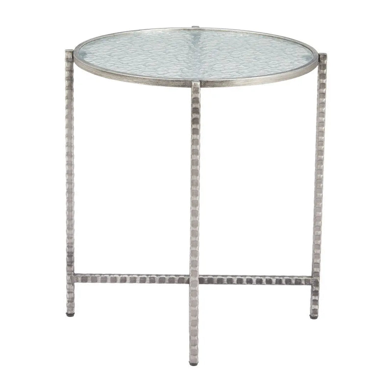 22" Clear and Silver Glass and Distressed Steel Round End Table Homeroots Living Room