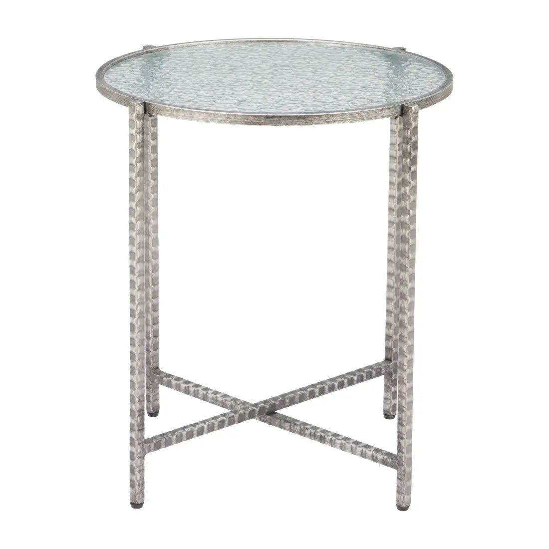 22" Clear and Silver Glass and Distressed Steel Round End Table Homeroots Living Room