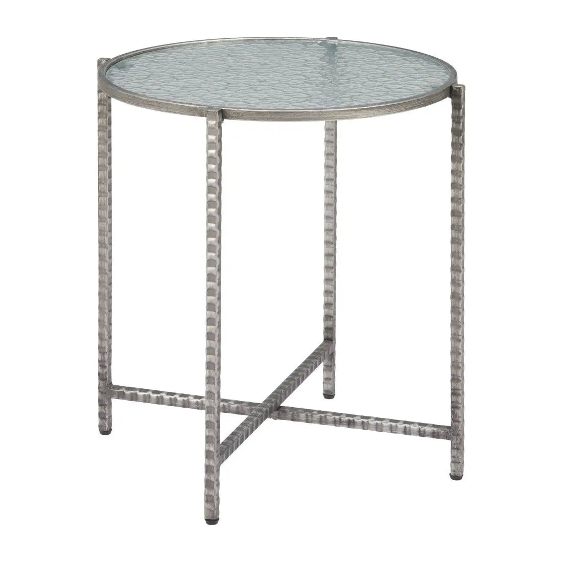 22" Clear and Silver Glass and Distressed Steel Round End Table Homeroots Living Room
