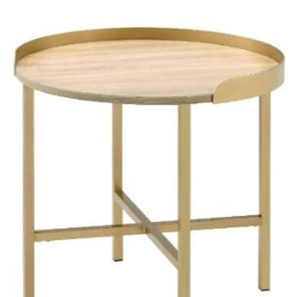 22" Gold And Oak Manufactured Wood And Metal Round End Table Homeroots Living Room