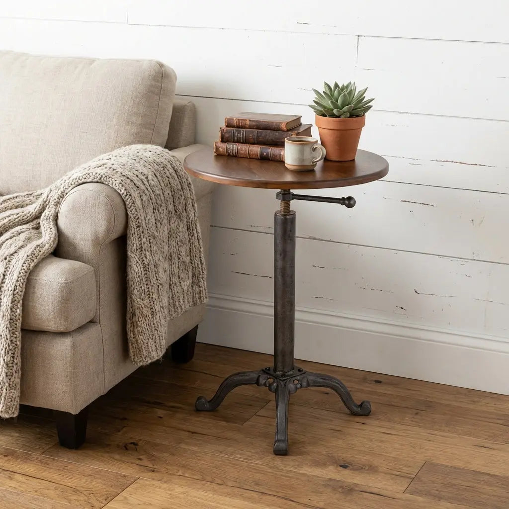 22" Industrial And Chestnut Solid Wood Round End Table Homeroots Living Room