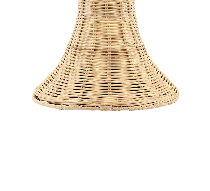 Natural woven rattan basket lamp shade with a cone shape, perfect for bohemian decor.