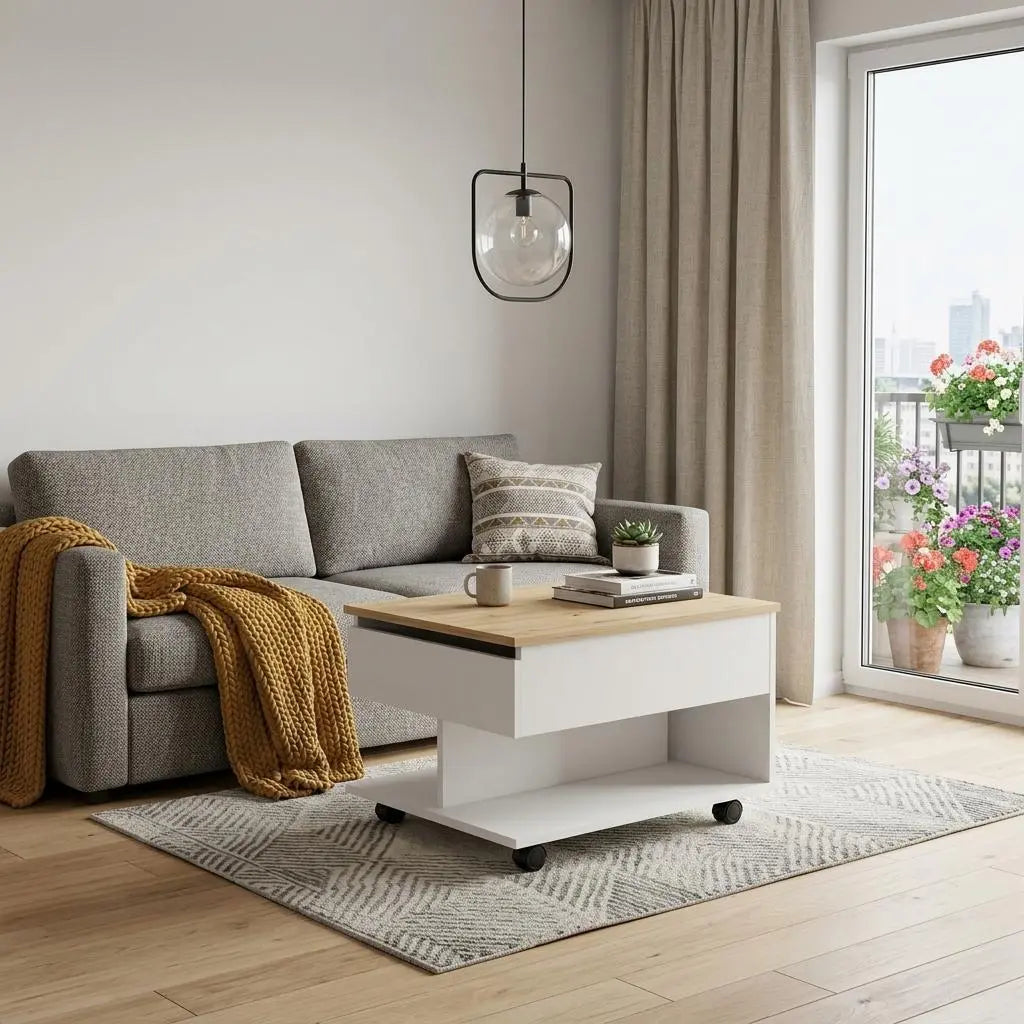 22" Natural And White Wood Lift Top Coffee Table With Two Shelves Homeroots Living Room