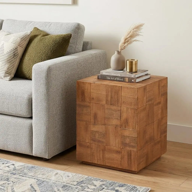 22" Natural Faux Wood Steel Block End Table Homeroots Living Room