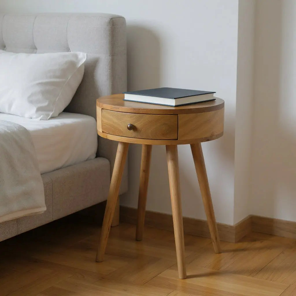 22" Natural Solid Wood Round One Drawer Nightstand Homeroots Bed & Bath