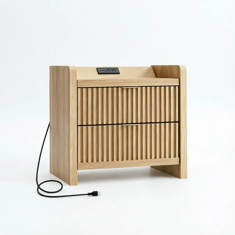 22" Natural Wood Ribbed Texture And Mirrored Glass Two Drawer Nightstand Homeroots Bed & Bath