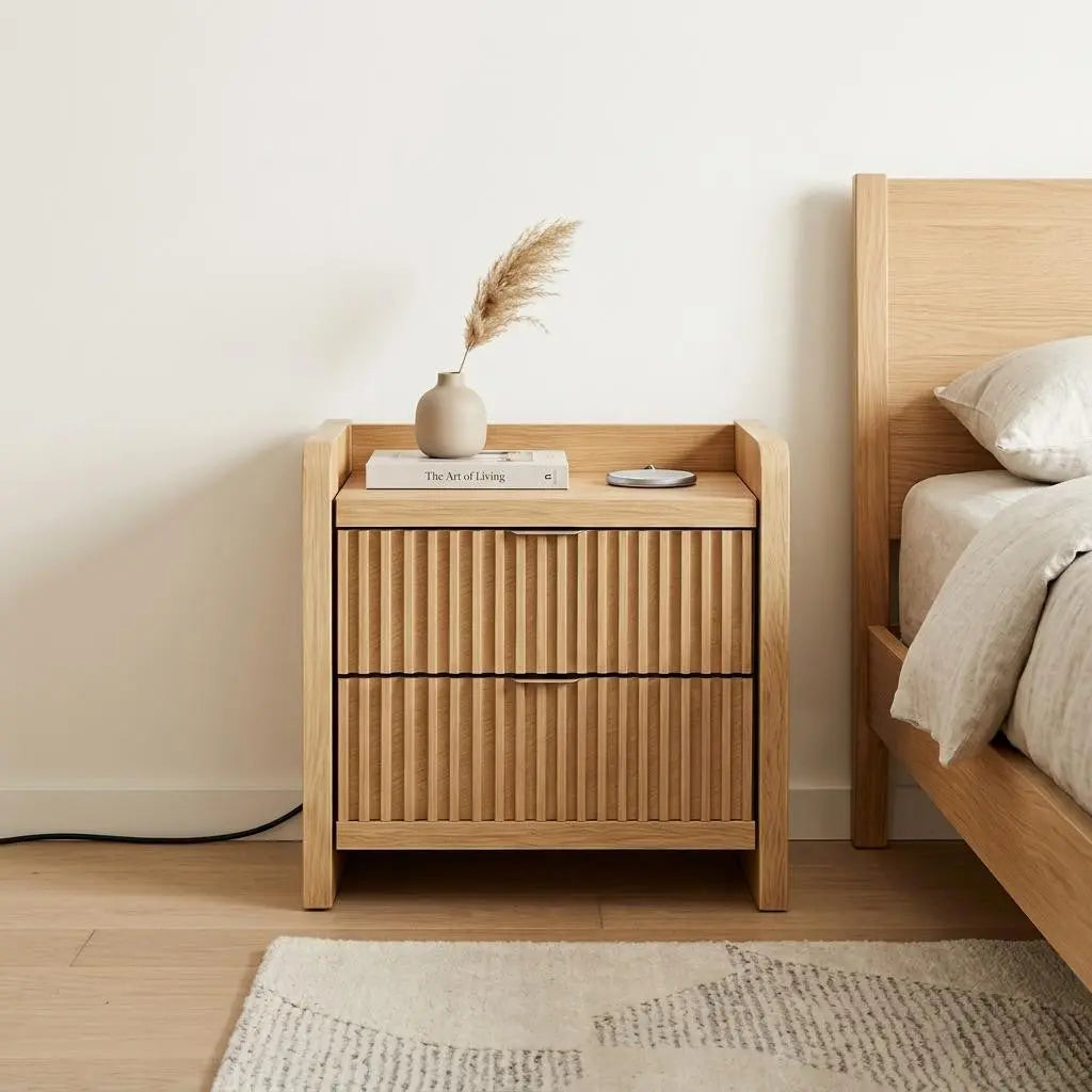 22" Natural Wood Ribbed Texture And Mirrored Glass Two Drawer Nightstand Homeroots Bed & Bath