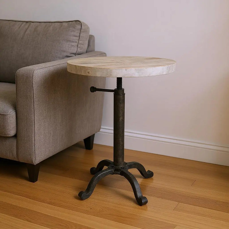 22" Natural and Black Solid Wood and Metal Height Adjustable Round Pedestal End Table Homeroots Living Room