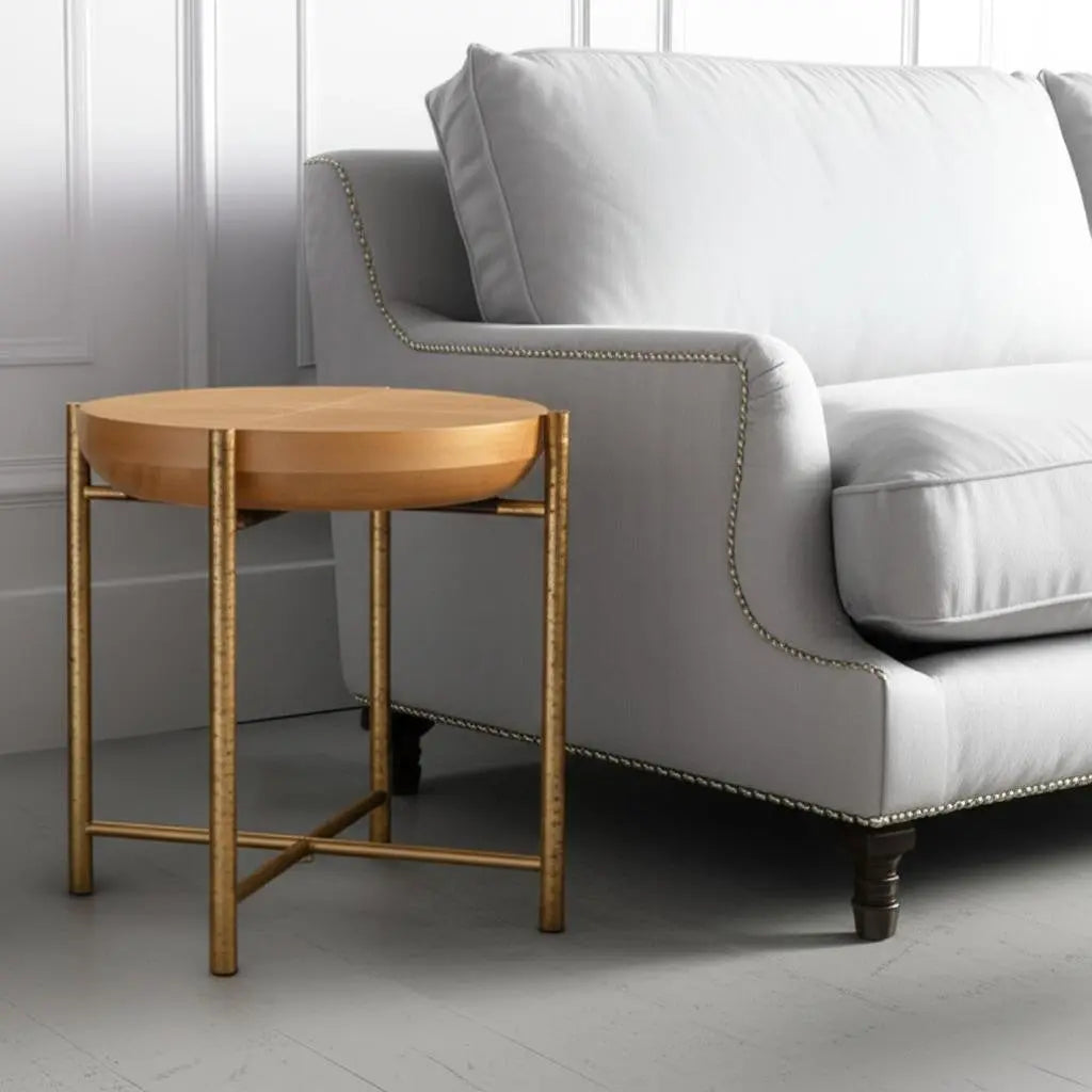 22" Natural and Gold Wood and Stainless Steel Round End Table Homeroots Living Room