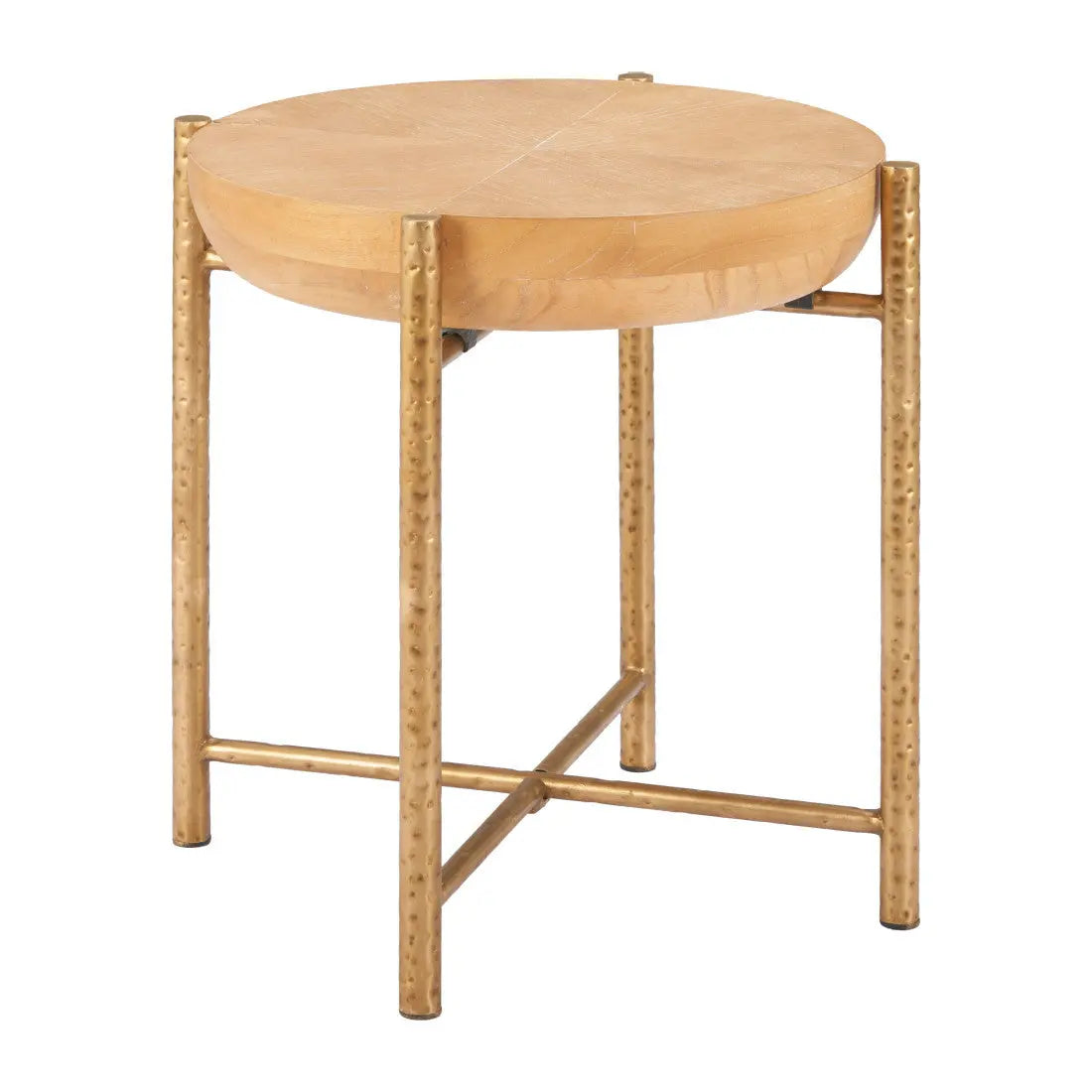 22" Natural and Gold Wood and Stainless Steel Round End Table Homeroots Living Room