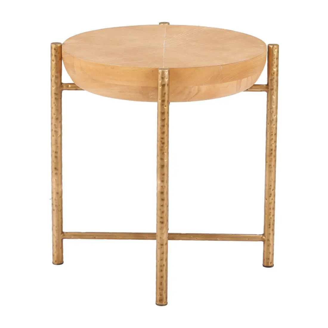 22" Natural and Gold Wood and Stainless Steel Round End Table Homeroots Living Room