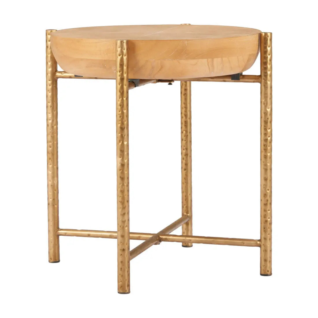 22" Natural and Gold Wood and Stainless Steel Round End Table Homeroots Living Room