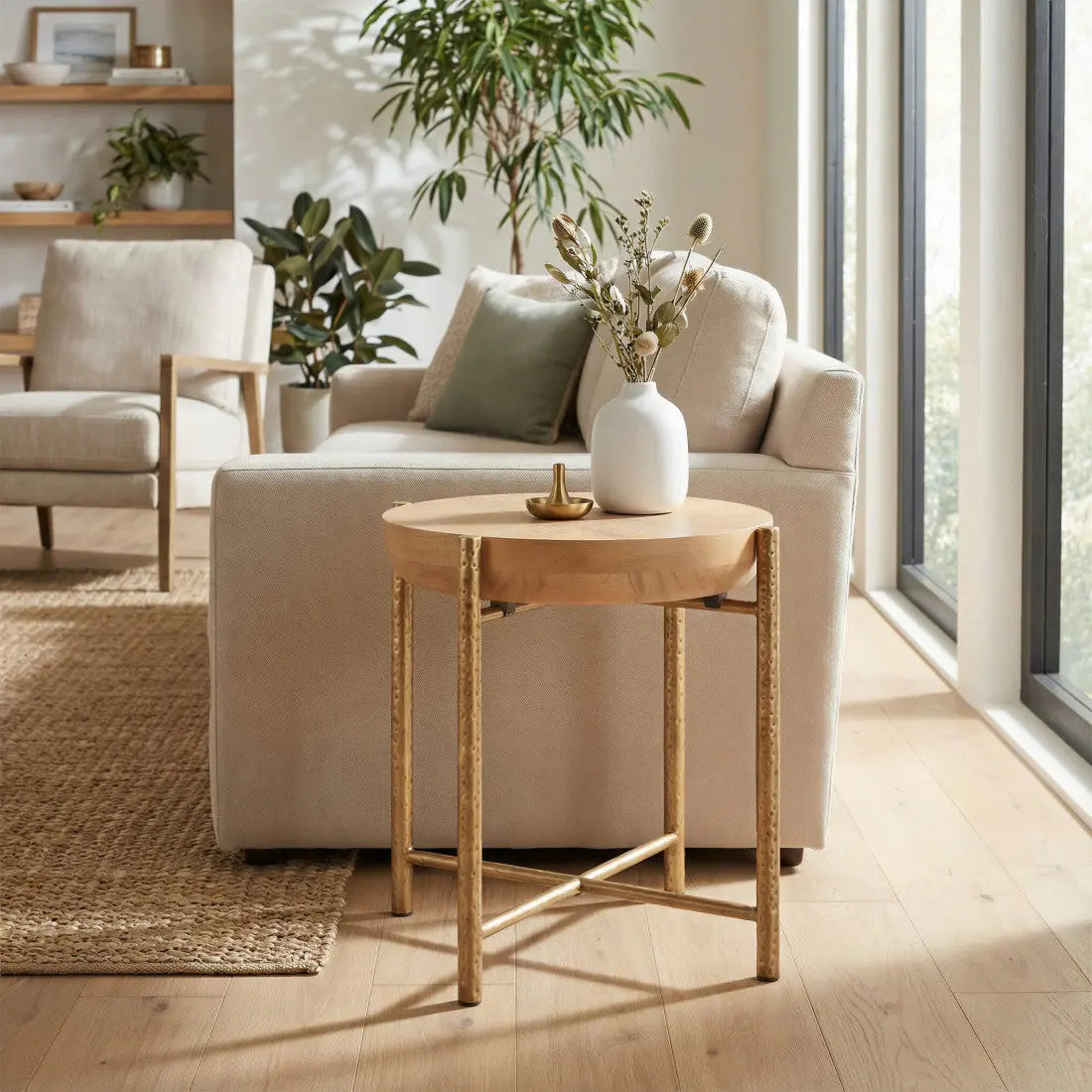 22" Natural and Gold Wood and Stainless Steel Round End Table Homeroots Living Room