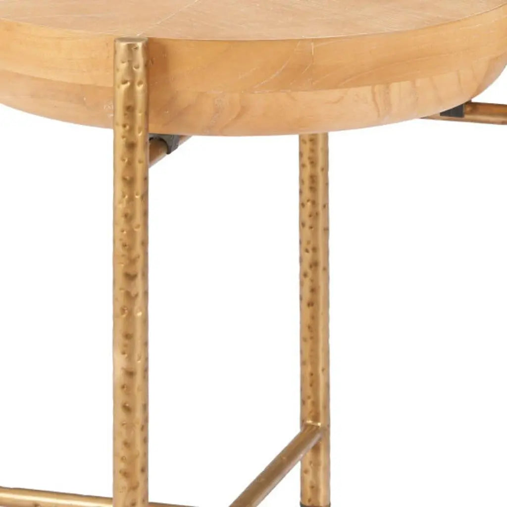 22" Natural and Gold Wood and Stainless Steel Round End Table Homeroots Living Room