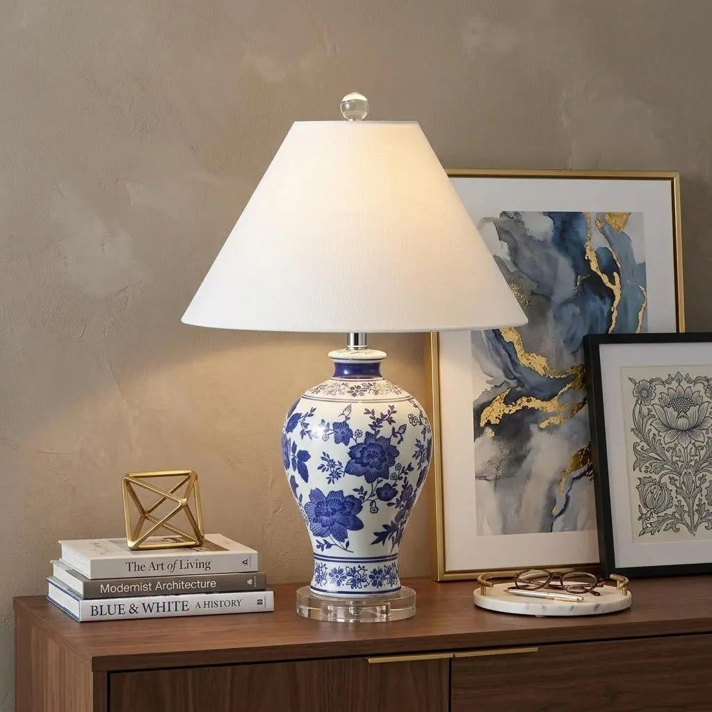 22" Navy Blue Gold And White Urn Table Lamp With Empire Shade Homeroots Lighting