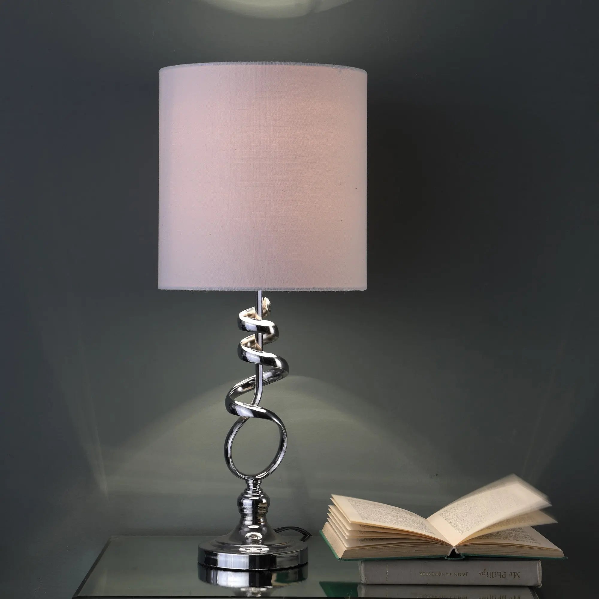 22" Nickel Bedside Table Lamp With Off White Drum Shade Homeroots Lighting