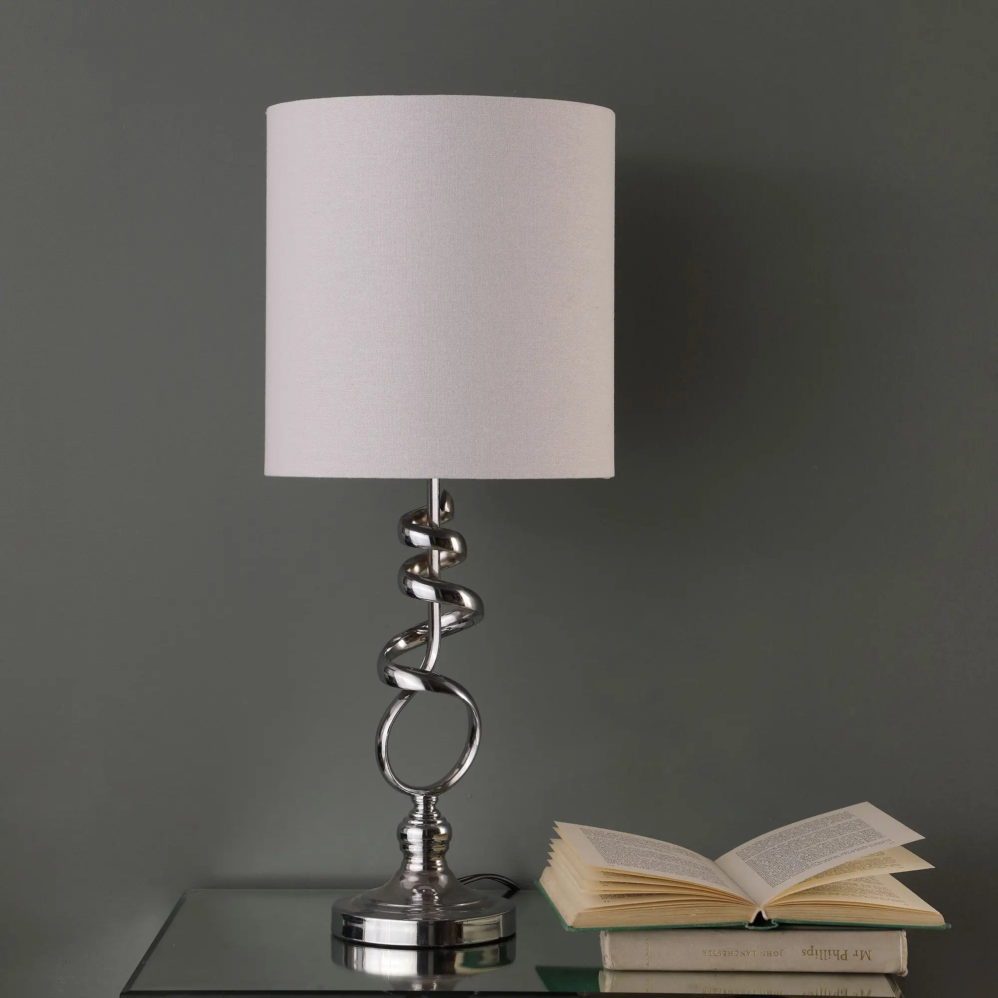 22" Nickel Bedside Table Lamp With Off White Drum Shade Homeroots Lighting