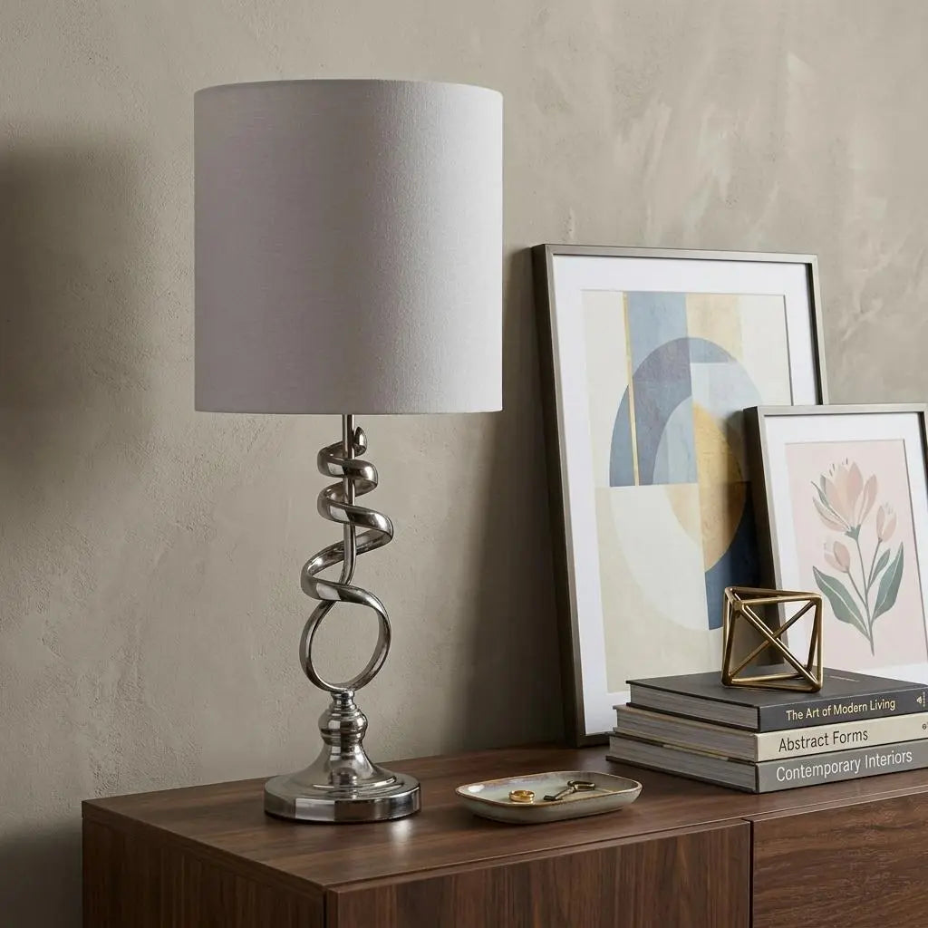 22" Nickel Bedside Table Lamp With Off White Drum Shade Homeroots Lighting