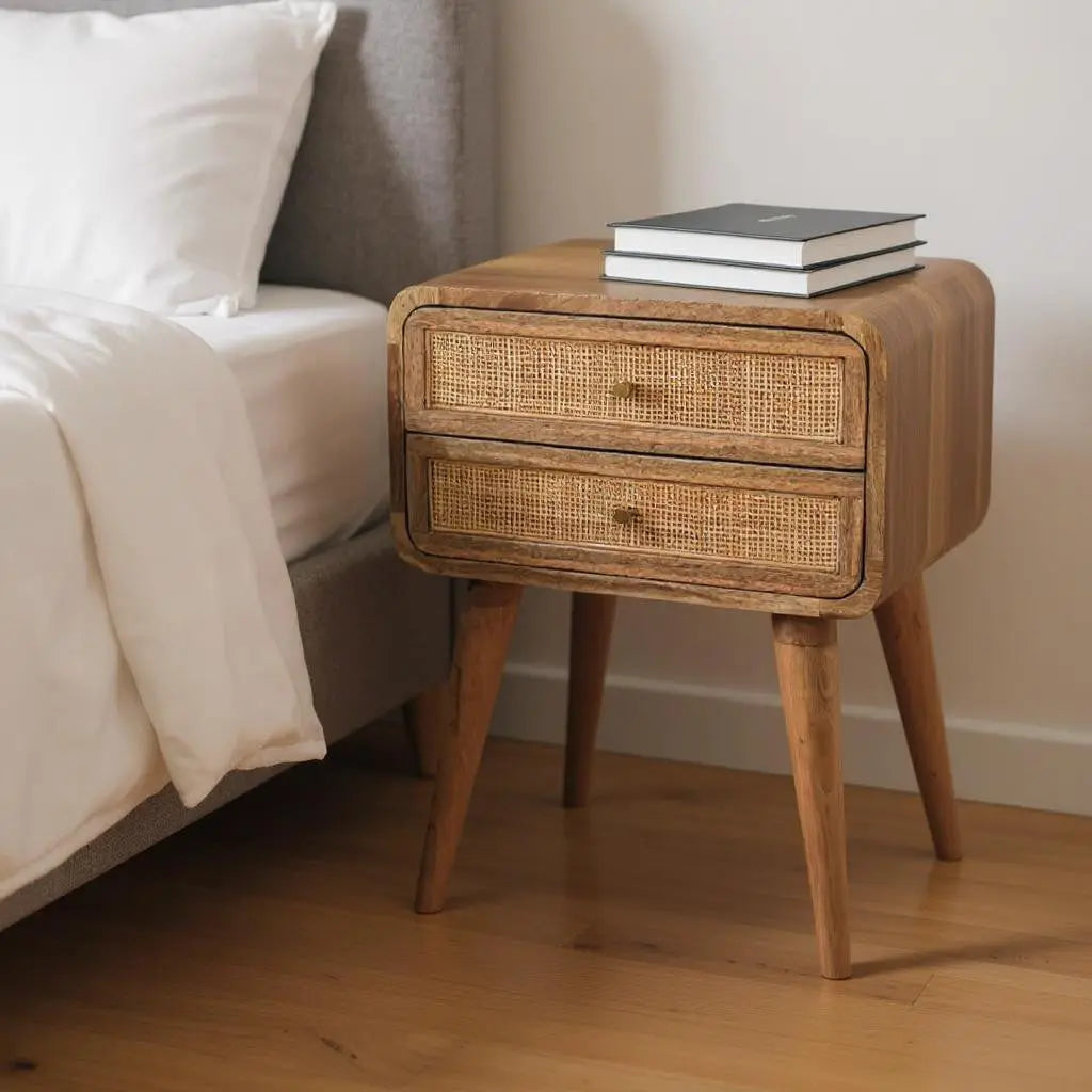 22" Oak Solid Wood And Cane Rattan Two Drawer Nightstand Homeroots Bed & Bath