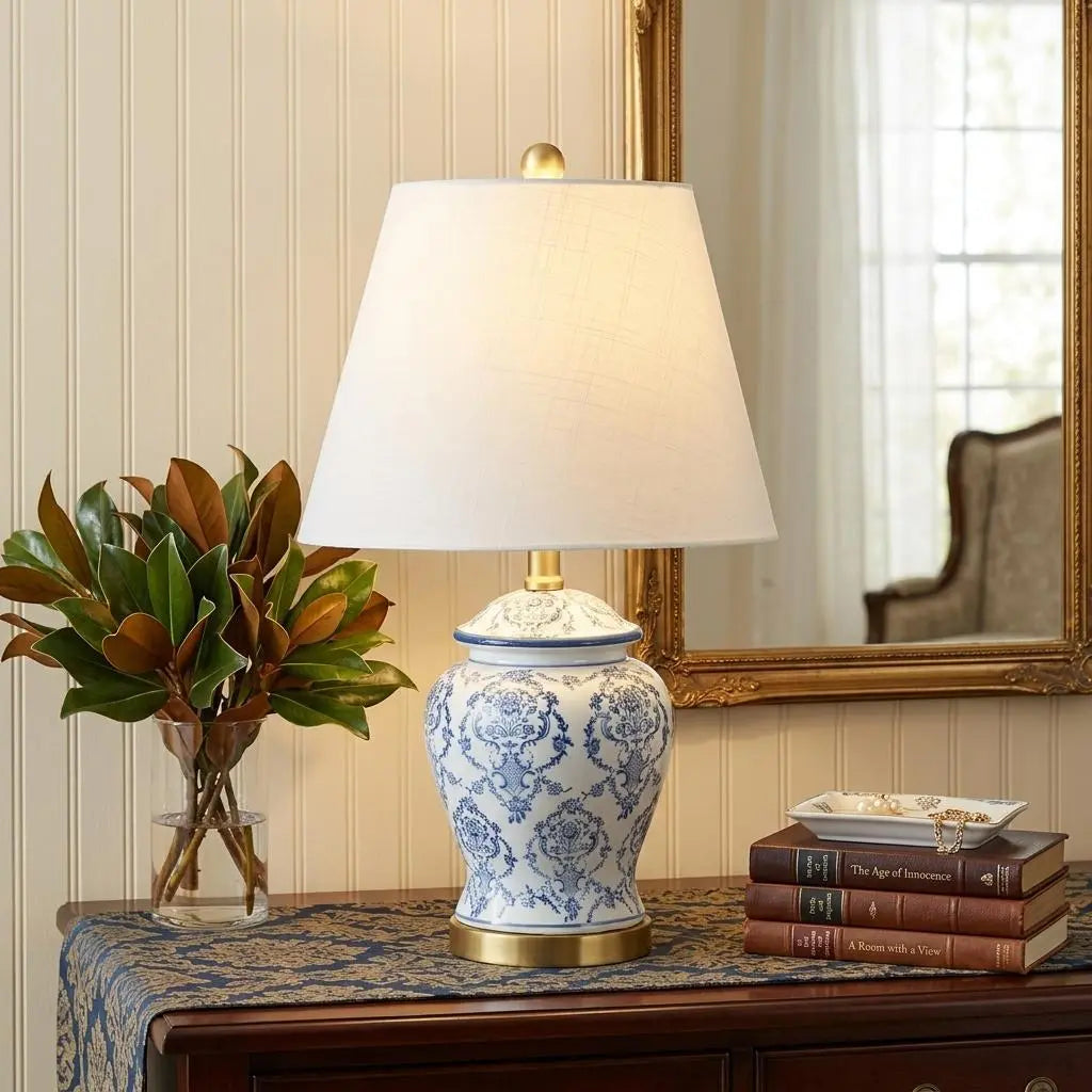 22" White Blue And Gold Urn Table Lamp With Empire Shade Homeroots Lighting