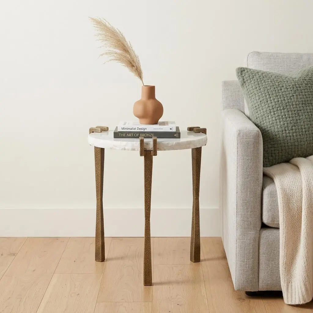 22" White and Brass Distressed Marble and Iron Circular End Table Homeroots Living Room