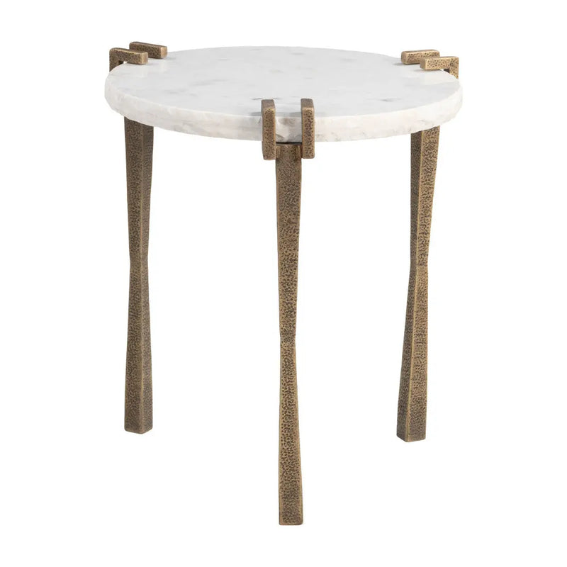 22" White and Brass Distressed Marble and Iron Circular End Table Homeroots Living Room