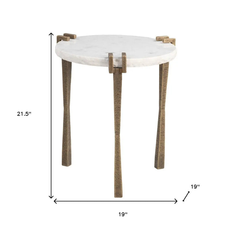 22" White and Brass Distressed Marble and Iron Circular End Table Homeroots Living Room