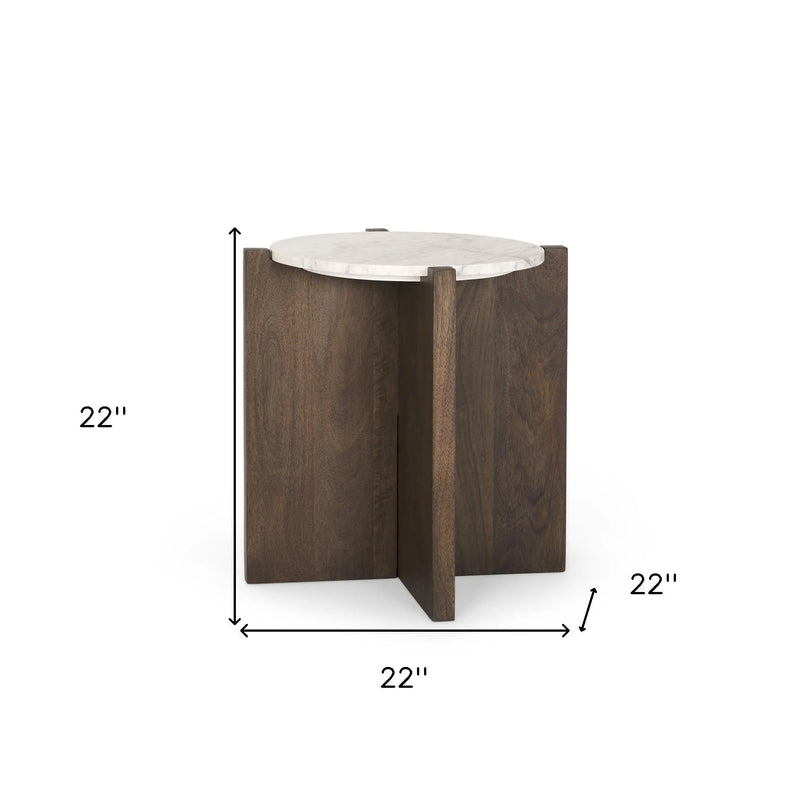 22" White and Brown Stone and Wood Tray Table Homeroots Living Room