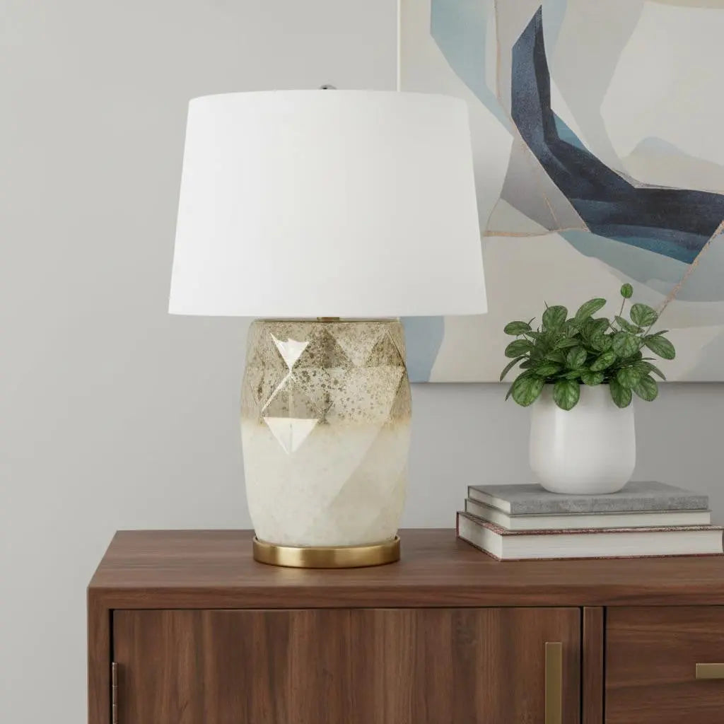 22" White and Gold Mercury Glass Table Lamp With White Cone Shade Homeroots Lighting