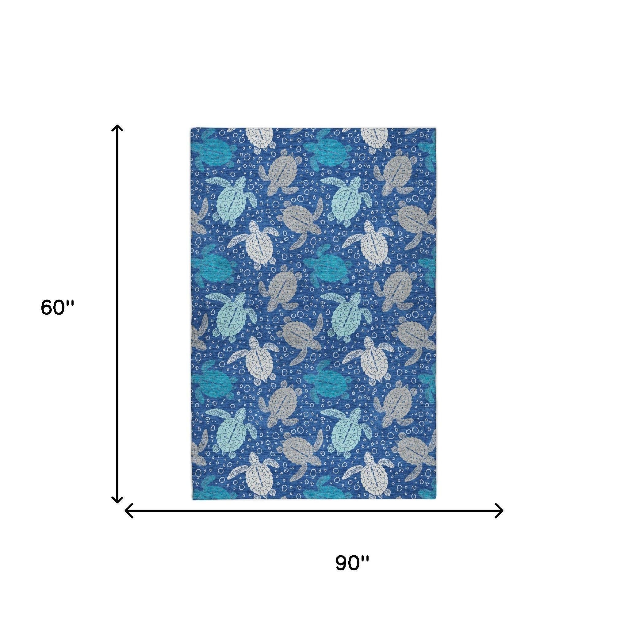 5' X 8' Blue And Teal Animal Print Shag Washable Area Rug With UV Protection - Home & Garden