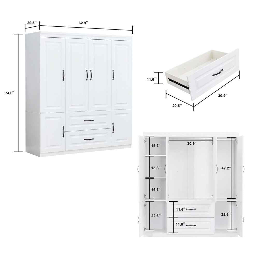 72" White Six Door Two Drawer Combo Dresser