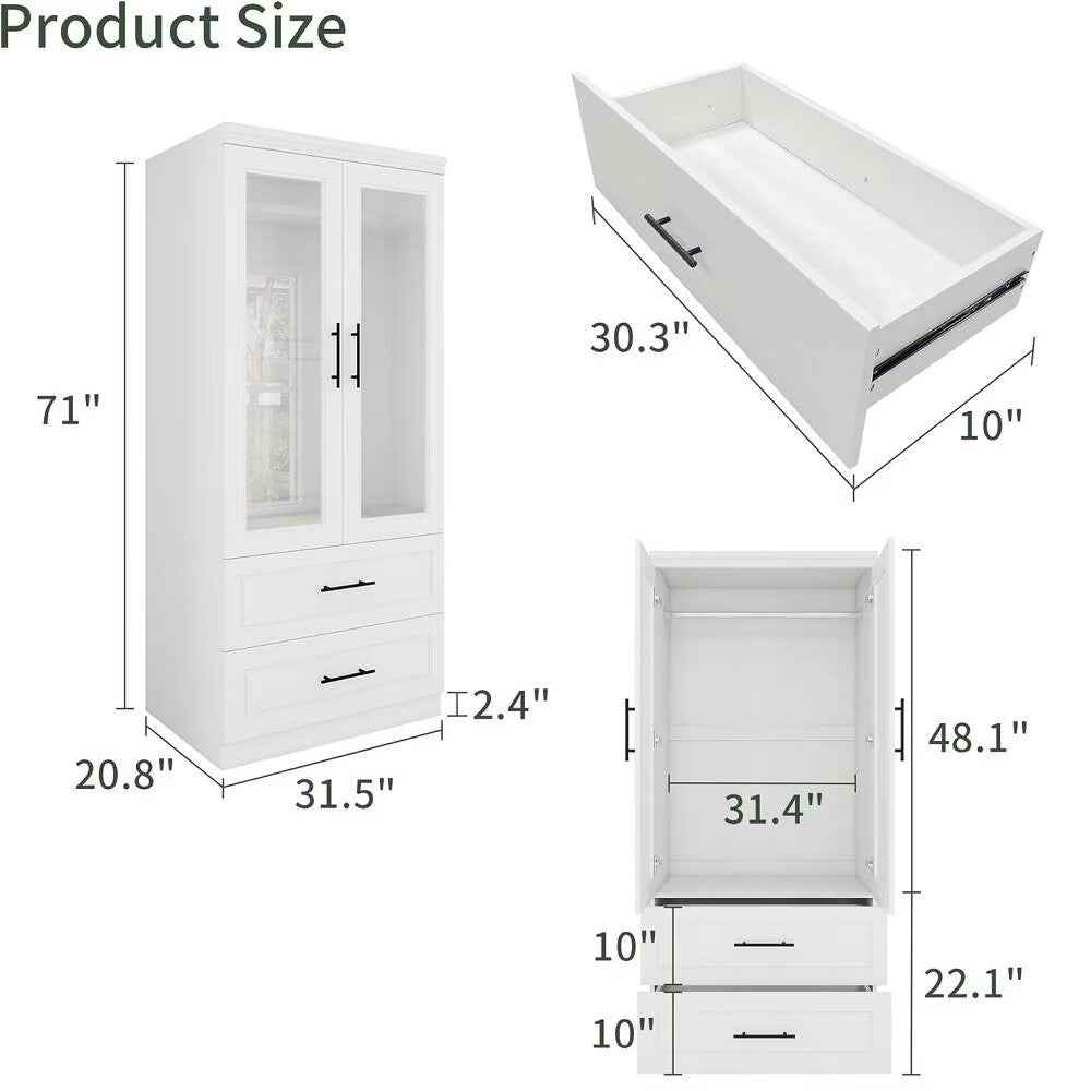 71" White And Clear Two Door Two Drawer Combo Dresser