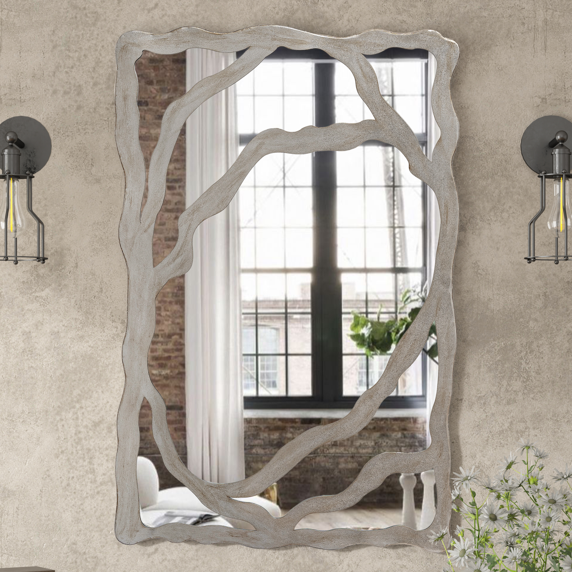 44" Gray Wood Free Form Framed Accent Mirror