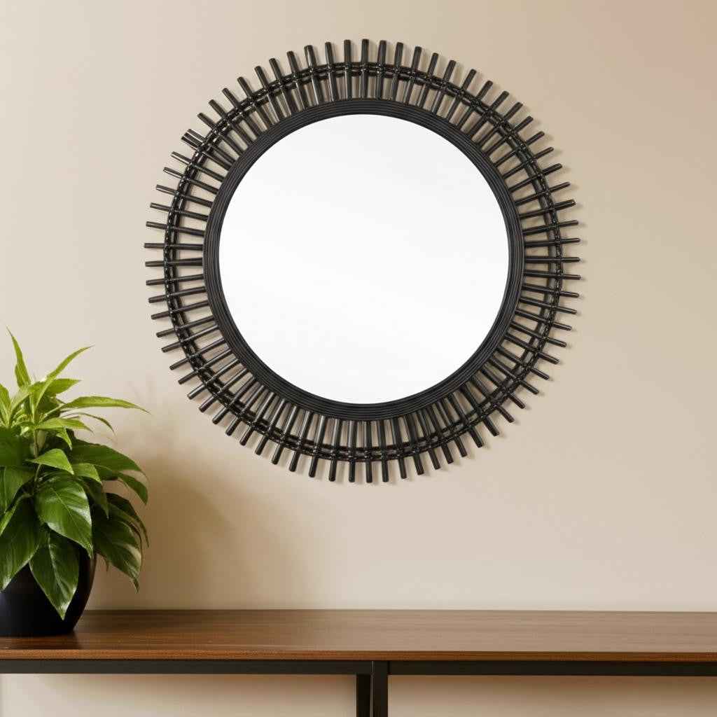 31" Black Bamboo Pierced Round Accent Mirror