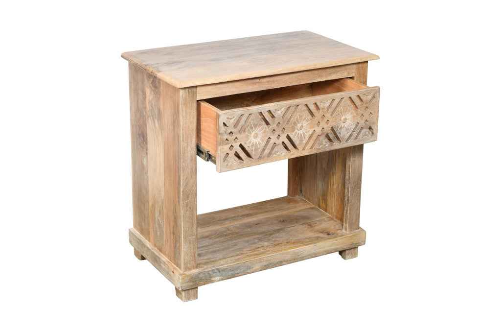 28" Natural Solid Wood Carved Geometric One Drawer Nightstand
