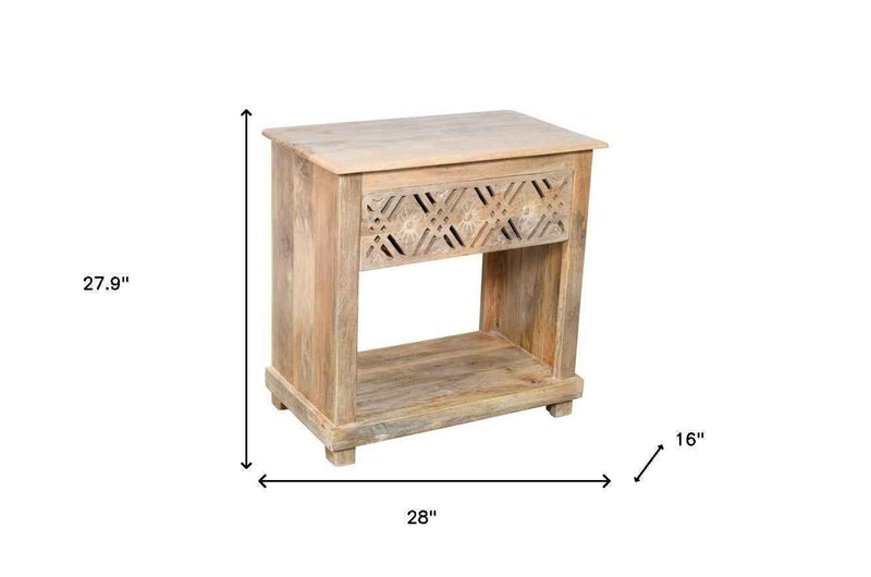 28" Natural Solid Wood Carved Geometric One Drawer Nightstand