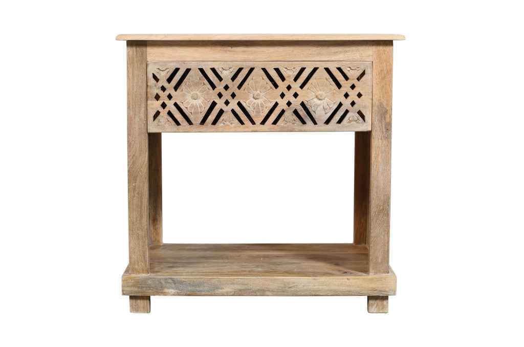 28" Natural Solid Wood Carved Geometric One Drawer Nightstand