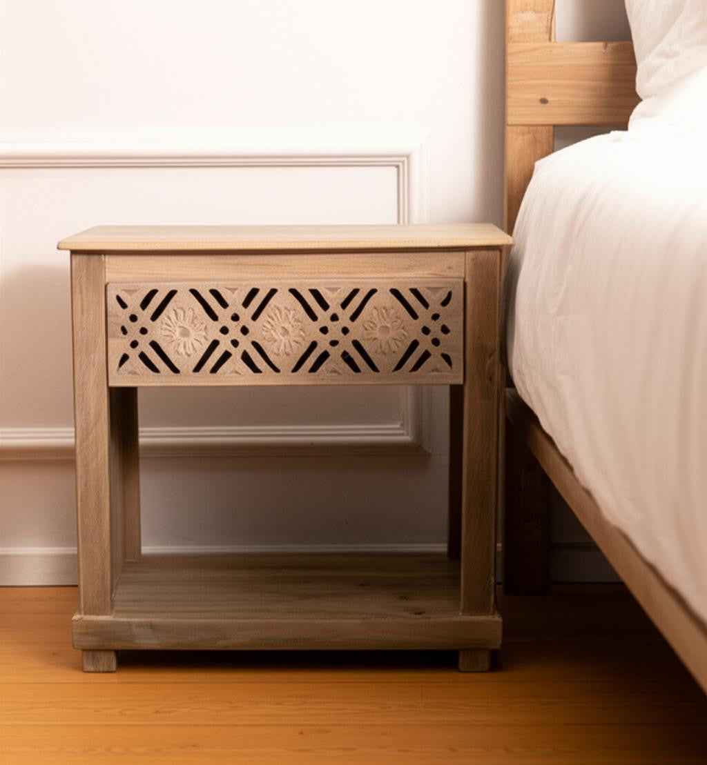 28" Natural Solid Wood Carved Geometric One Drawer Nightstand