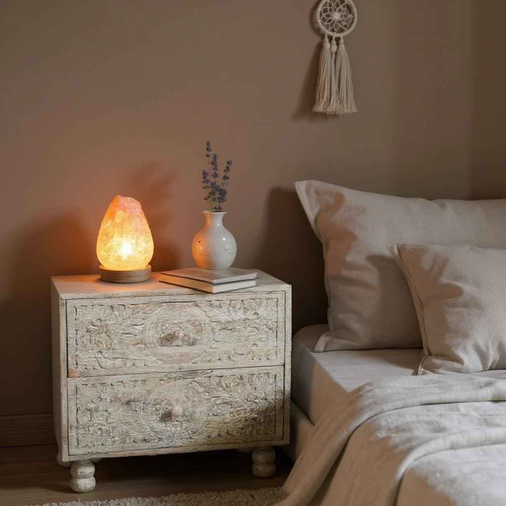 24" Natural And White Solid Wood Distressed Carved Scrollwork Two Drawer Nightstand