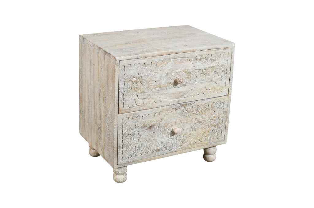 24" Natural And White Solid Wood Distressed Carved Scrollwork Two Drawer Nightstand