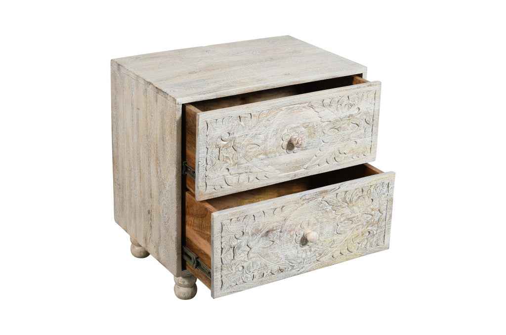 24" Natural And White Solid Wood Distressed Carved Scrollwork Two Drawer Nightstand
