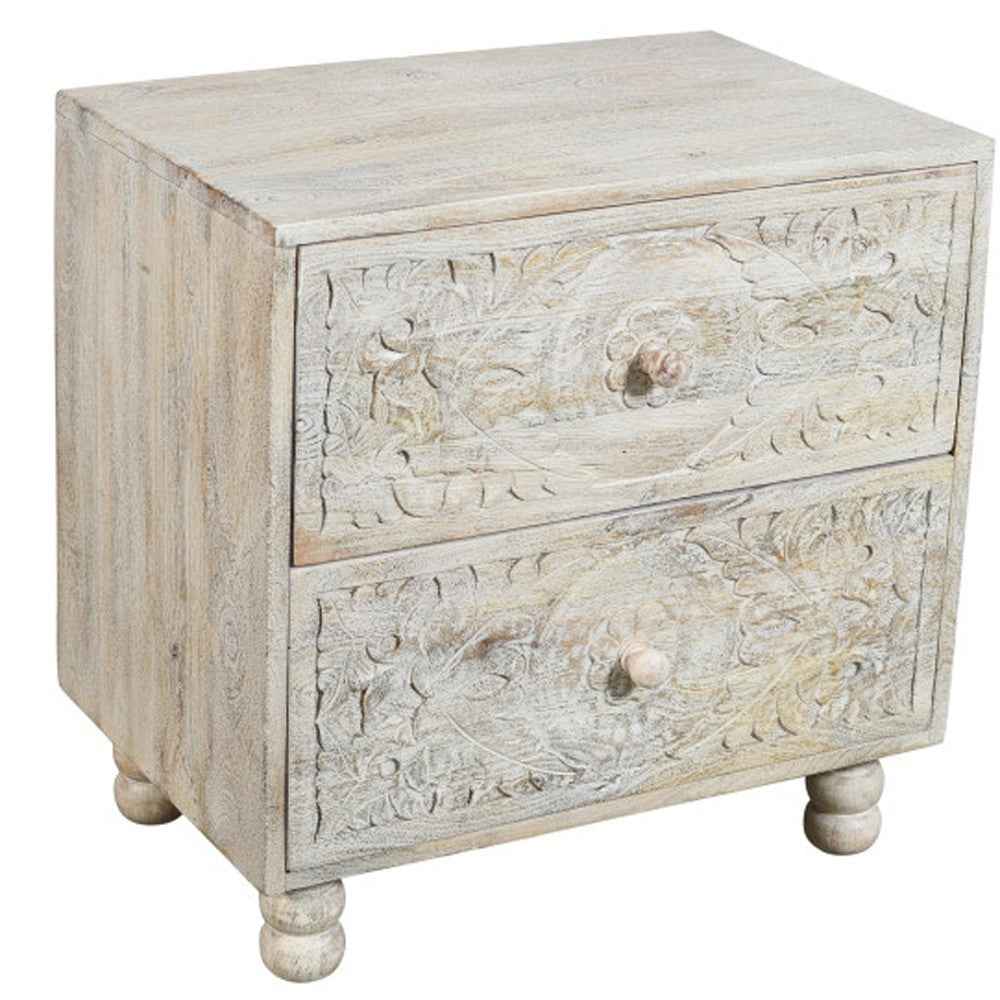 24" Natural And White Solid Wood Distressed Carved Scrollwork Two Drawer Nightstand