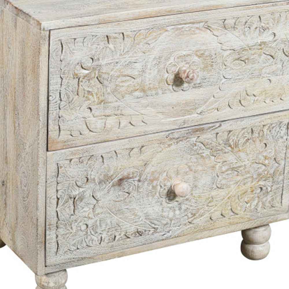24" Natural And White Solid Wood Distressed Carved Scrollwork Two Drawer Nightstand