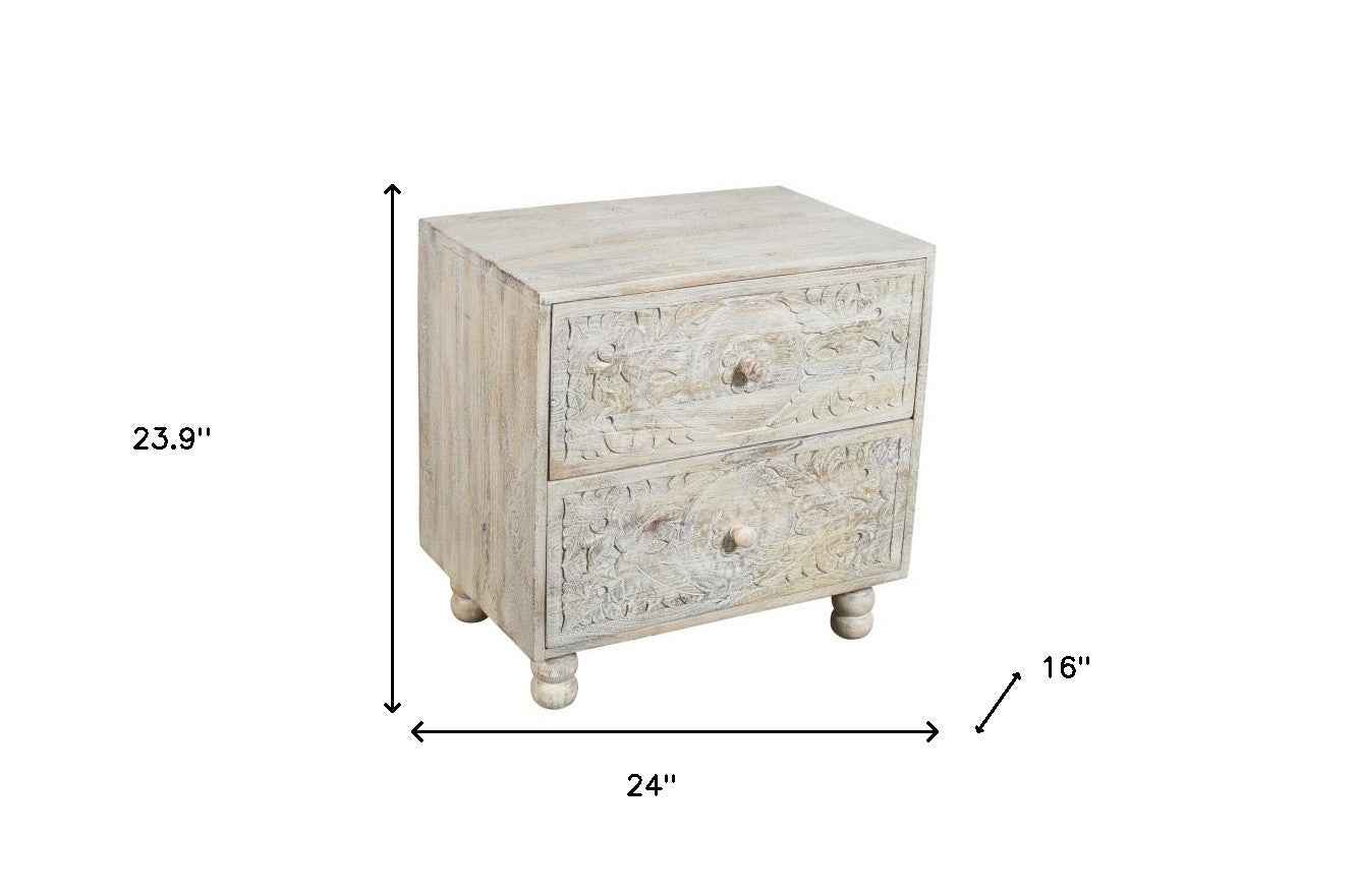 24" Natural And White Solid Wood Distressed Carved Scrollwork Two Drawer Nightstand