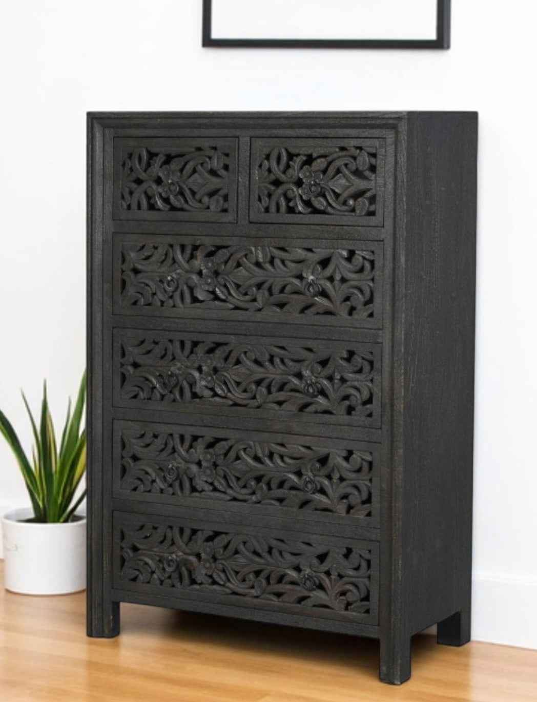 35" Black Carved Floral Solid Wood Six Drawer Dresser