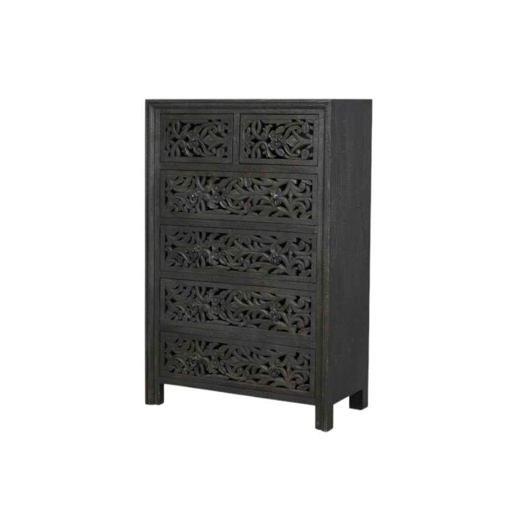 35" Black Carved Floral Solid Wood Six Drawer Dresser