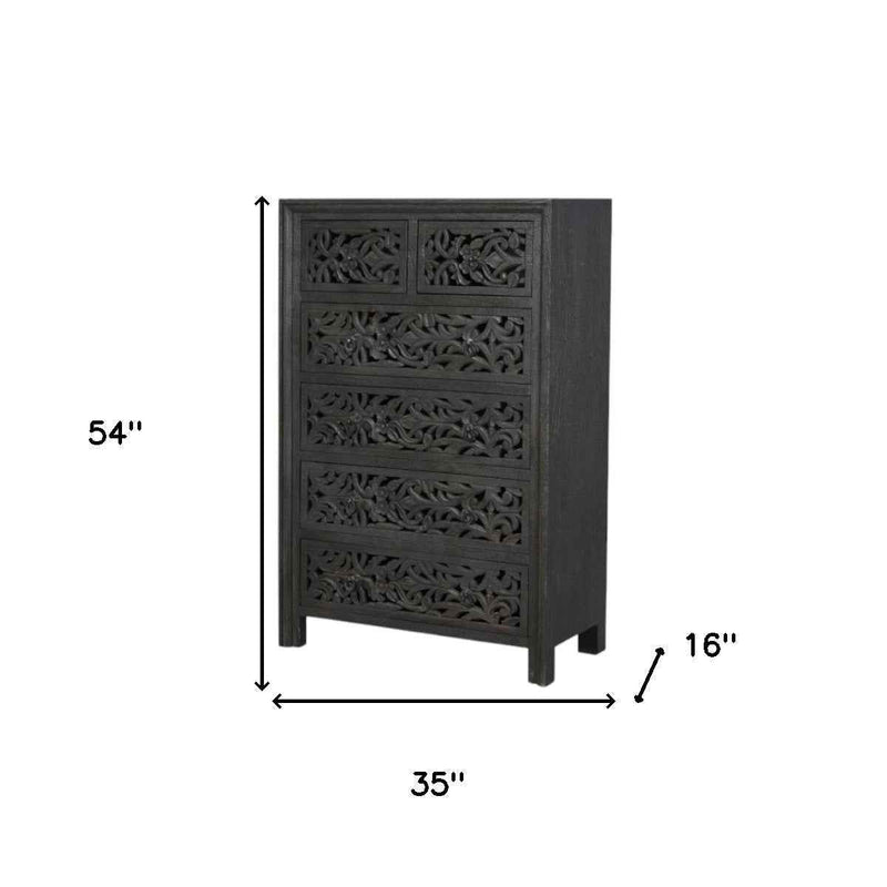 35" Black Carved Floral Solid Wood Six Drawer Dresser